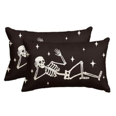 Imagem de AVOIN colorlife Capas de almofada de caveira legal de Halloween, capa de almofada de esqueleto de 30 x 50 cm para decoração de casa de fazenda para sofá conjunto de 2