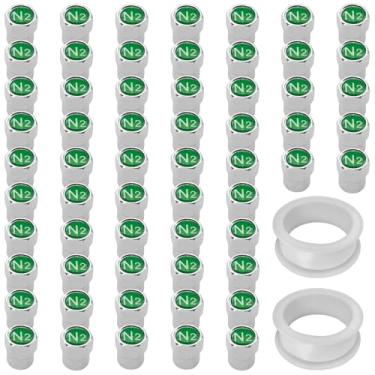 Imagem de 60 peças de tampas de haste de válvula de pneu de latão cromado (branco sobre verde) para válvulas de pneu automotivo com emblema de logotipo de nitrogênio N2 na parte superior, 2 peças de fita PTFE
