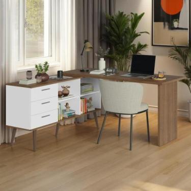 Imagem de Mesa De Estudos Em L 3 Gavetas Branco/rustic Lisboa Madesa
