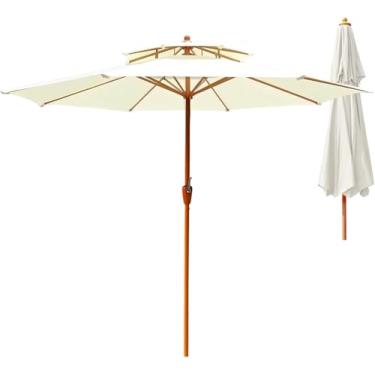 Imagem de Guarda-sol De Pátio Redondo De 9ft Com Ventilação Dupla, Guarda-sol De Mesa Ao Ar Livre De Haste De Ferro De Cor Semelhante à Madeira, Abertura E Fechamento De Manivela Com, White, 270cm