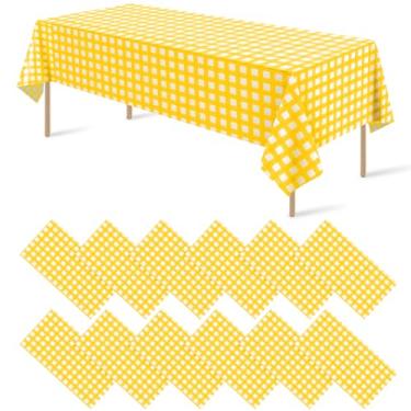 Imagem de Pacote com 12 toalhas de mesa xadrez de plástico amarelo e branco, toalhas de mesa decorativas descartáveis xadrez amarelo premium para festas, capa de mesa retangular para piquenique, aniversário