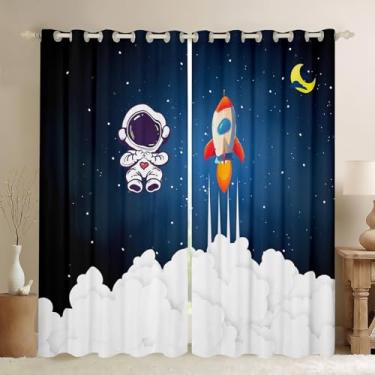 Imagem de Cortinas de janela de foguete de astronauta para quarto sala de estar desenho animado espaço foguete cortinas galáxia cosmonauta Spaceman cortinas de janela para meninos meninas adolescentes