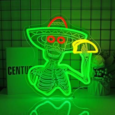 Imagem de Ebdobgbs Sinal de néon crânio esqueleto taco led neon luzes neon placas para decoração de parede placa iluminada para festa de aniversário clube presente