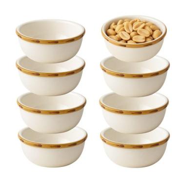 Imagem de Jogo 8 Mini Bowl Molheira de Cerâmica Branco com Borda de Bambu Scalla