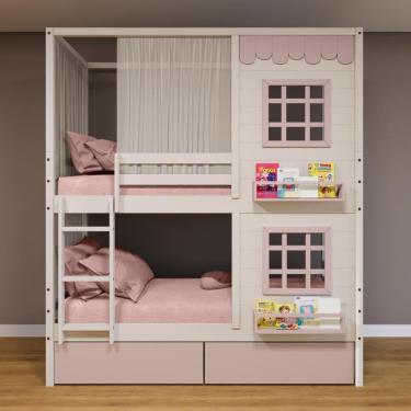 Imagem de Beliche Casinha Reta 02 Janelas 02 Gavetas Rosa e Cortina Madeira Maciça Branco/ Rosa Housin