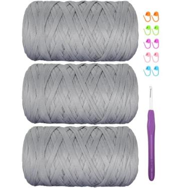 Imagem de Camiseta de 400 g de tecido elástico de crochê para tricô DIY, fio de crochê grosso espaguete para mão, bolsa faça você mesmo, cesta de almofada, projetos de crochê, decoração de casa (cinza)