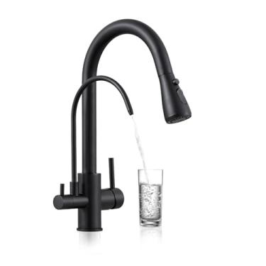 Imagem de QAOYEDE Torneira de cozinha preta 3 em 1 com torneiras de filtro, pulverizador de puxar para baixo, torneira de cozinha de 3 vias, torneira de água potável para sistema RO