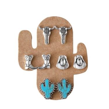 Imagem de Conjunto de brincos femininos turquesa ocidental com cabeça de gado turquesa, chapéu de vaqueira, concho, ferradura, brincos vintage retrô ocidental, acessórios de joias de vaqueira, boêmio Y2K, liga