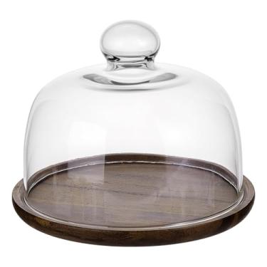 Imagem de NBEADS Bandeja de bolo de madeira com tampa, prato de madeira de acácia com tampa cúpula de vidro para bolo com base para cozinha, festas de aniversário, presentes de panificação, 20 x 20 x 6,7 cm