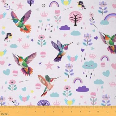 Imagem de Erosebridal Tecido de beija-flor por jarda, tecido de estofamento de pássaros kawaii, tecido decorativo de plantas de animais coloridos para costura acolchoada, rosa roxo estilo jardim, interior e
