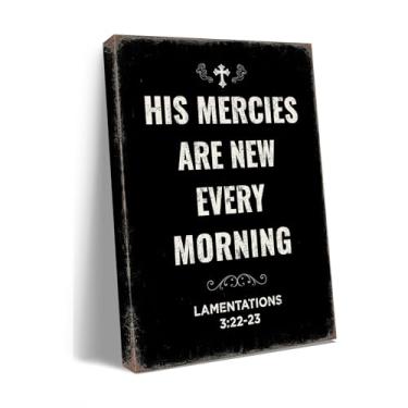 Imagem de Arte de parede cristã His Mercies Are New Every Morning - Impressão de versículo da Bíblia para quarto, sala de estar, escritório e sala de oração - Arte de parede estilo casa de fazenda.A-429