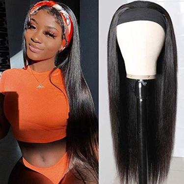 Imagem de Peruca de cabelo humano com faixa de cabeça reta para mulheres negras, nenhuma peruca frontal de renda, totalmente feita à máquina, cor natural, sem cola (56 cm, peruca com faixa de cabeça ST)