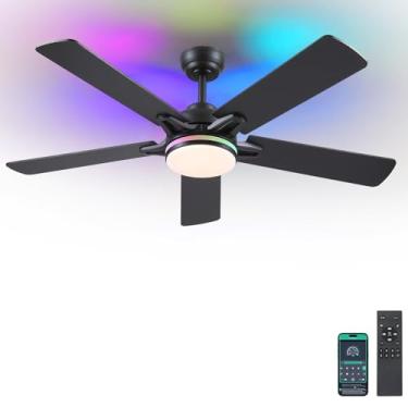 Imagem de Kviflon Ventiladores de teto de 132 cm com luzes e controle remoto/aplicativo, ventilador de teto moderno com luzes RGB para quarto, sala de estar, pátio, varanda ao ar livre, motor silencioso