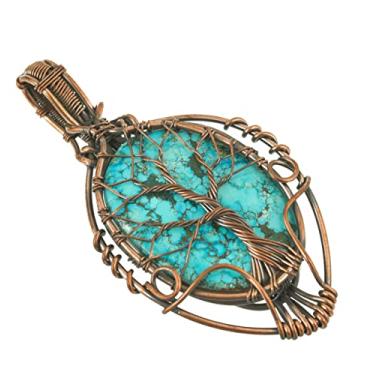 Imagem de Copperie Colar de joias com pingente de pedra preciosa turquesa azul árvore da vida corrente de cobre 50,8 cm