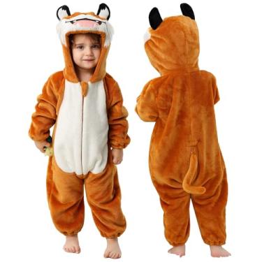 Imagem de MICHLEY Macacão unissex com capuz para bebês com capuz, vestido de animal para festa de Halloween, macacão de 2 a 36 meses, Tigre sorridente, 0-6 Months/Height:22"-27"