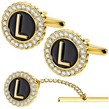 Imagem de HAWSON Abotoaduras douradas e prendedores de gravata para homens, abotoaduras douradas de cristal com alfinetes de lapela para homens e mulheres, prendedor de gravata com corrente na gravata