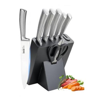 Imagem de Conjunto de facas prateadas com bloco, 8 peças de facas de cozinha de aço inoxidável revestidas de titânio, conjunto de facas de chef antiaderentes com cabo ergonômico antiderrapante, conjunto de