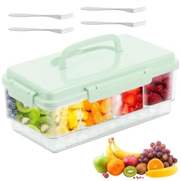 Imagem de Bandeja de servir dividida com tampa e alça, caixa de lanche com 4 compartimentos, travessas de lanche portáteis, caixa de lanche, recipiente de charcutaria para doces, frutas, lanches vegetarianos