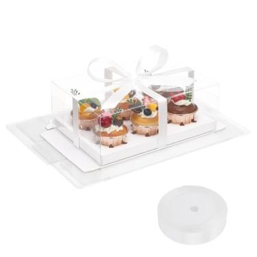 Imagem de EUSOAR Caixas transparentes para cupcake, pacote com 6, suporte de presente de muffins brancos, 6 unidades com fita de presente, mini recipientes retangulares de padaria, porta-bolos, sobremesa