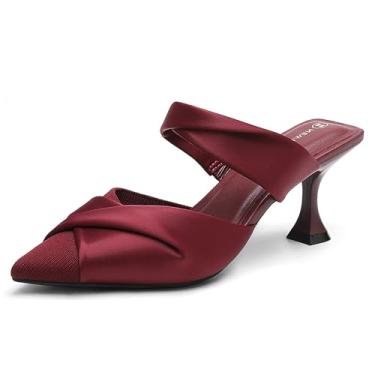Imagem de NEWBELLA Mules femininas bico fino salto gatinho - sandálias elegantes de salto sem cadarço, sapatos sociais de salto baixo para escritório, casamento e noite, Fita bordô, 38