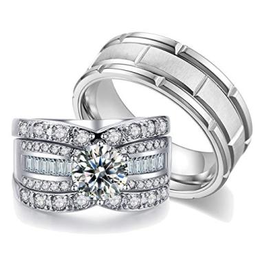 Imagem de Conjunto de alianças de casamento de ouro branco 18k de 2,3 quilates para ele e para ela, mulheres, homens, alianças de aço inoxidável de titânio Cz, Pedra, Zircônia cúbica