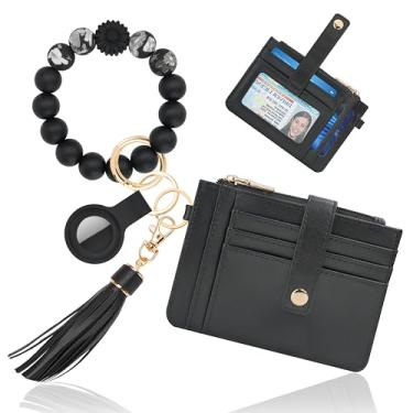 Imagem de Sunpour Chaveiro de pulso com carteira, porta-cartão RFID com AirTag, pulseira de contas de silicone impressa e bolsa de moedas, Preto, 0.3*4.97*3.6