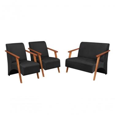 Imagem de Conjunto Venus Braços Em Madeira Maciça 1 Namoradeira 2 Poltronas Suede Unidecor Preto