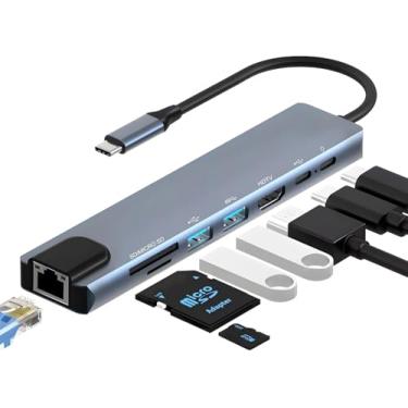 Imagem de Adaptador Hub 8 em 1 USB-C com HDMI 4K + VGA + RJ45 + PD 100W + 2 USB 3.0 + SD/TF - Para MacBook, Windows, Chromebook, Notebook, Tablet e Celular - Conversor Multiportas USB-C para HDMI/VGA/Ethernet