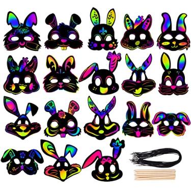 Imagem de Kit de artesanato de máscara de Páscoa, 54 peças de arte de arranhões para crianças, máscaras de coelho mágico, máscaras de animais de papel para raspar com 18 canetas de madeira, máscaras de arte