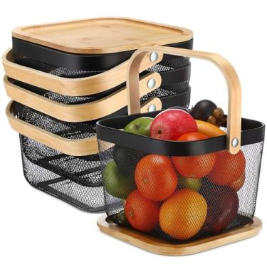 Imagem de Maxdot Pacote com 4 cestas de colheita de aço de malha de metal com alças e tampas de bambu, cestas de arame de piquenique, preto, para coletar vegetais, frutas, jardim, cozinha, armário, compras