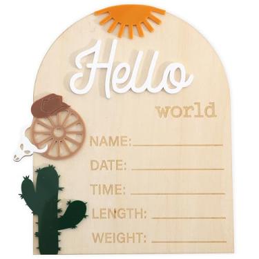 Imagem de Quadro de anúncio de bebê "Hello World" de madeira - Placa de nascimento recém-nascido, decoração de chá de bebê, quadro de informações de berçário de hospital, adereço para foto de marco do bebê