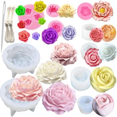 Imagem de 13 moldes de vela de silicone de flores para fazer velas com agulha de absorção de olhos grandes, pavio de vela para cera de soja, cera de abelha, molde de bolo de resina para fazer velas