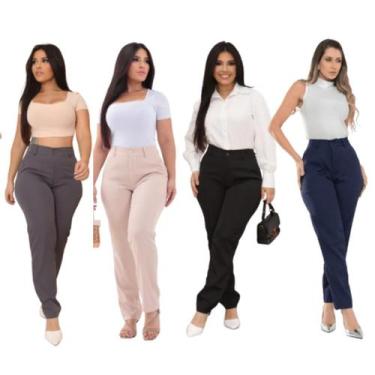 Imagem de Calça Reta Alfaiataria Azul Marinho Feminina Social Cintura Alta Com b