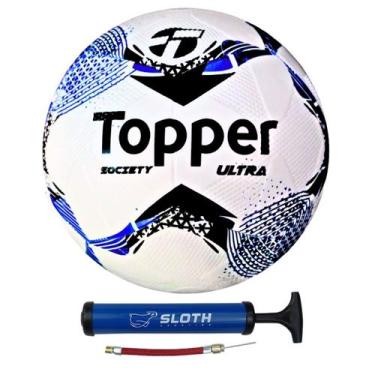 Imagem de Bola de Futebol Society Topper Ultra Colagem Dupla + Bomba, Preto, Azu