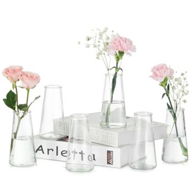 Imagem de Hewory Vasos de botão de vidro para centros de mesa: Conjunto de 6 vasos de flores pequenos e modernos, minimalistas, bonitos, mini vasos decorativos a granel para casamento, aniversário, chá de