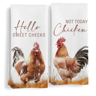 Imagem de Qeheb Conjunto de 2 toalhas de mão engraçadas de frango, decoração de banheiro Hello Sweet Cheeks, presentes de frango, toalhas de mão decorativas de fazenda rústica para banheiro banheiro decoração