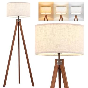 Imagem de ELYONA Luminária De Chão Tripé De Madeira Maciça Com Lâmpada Led De 3 Temperaturas De Cor, Luz De Leitura Moderna De Meados Do Século, Abajur De Linho Natural, Luz Noturna Alta Para Quarto, Sala De