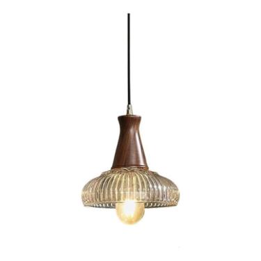 Imagem de Luminária de teto com lâmpada E27 - Lustre de design de tampa de panela de estilo industrial simples com vidro ajustável, materiais de cobre compatíveis com ilha de cozinha, armazém, quarto