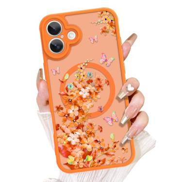 Imagem de AIGOMARA Capa magnética para 17 [compatível com MagSafe] linda capa de telefone laranja aquarela floral padrão borboleta para mulheres Gilrs macio TPU e PC capa protetora traseira fina para telefone
