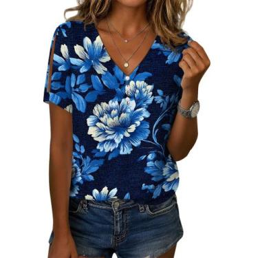 Imagem de Camisa feminina Medlor, manga curta, floral, solta, decote em V, 2025,