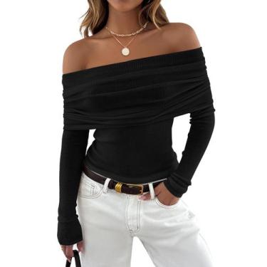 Imagem de Camisa ZESICA de manga comprida com nervuras sem ombro para mulheres