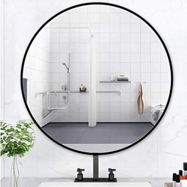 Imagem de Espelho de banheiro montado na parede espelho penteadeira grande parede de metal preto escovado redondo decorativo para/quarto/guarda-roupa 40 x 40 cm