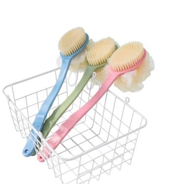 Imagem de Escova de Banho com Esponja de Malha, Conjunto em 3 cores, Cabo Longo para Limpeza Corporal