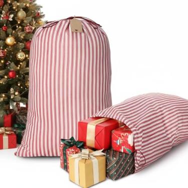 Imagem de Wesnoy Pacote com 2 sacos de presente de algodão de Natal listrados vermelhos e brancos grandes sacos de Natal 68,5 cm x 48,3 cm bolsa com cordão com etiquetas de presente, sacos de tecido