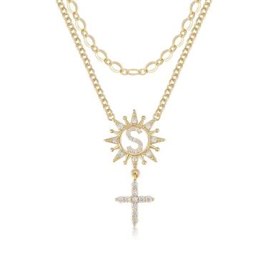 Imagem de TANTIUE Colar feminino com letras e cruz de girassol banhado a ouro 14 K, zircônia cúbica, girassol com inicial em camadas, pingente de cruz A - Z, joia feminina, adjustable, Latão, Zircônia cúbica