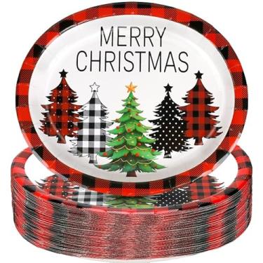 Imagem de Pratos de papel ovais de Natal com 50 unidades, 25,4 x 31,8 cm, grandes pratos descartáveis de árvore de Natal xadrez de búfalo para suprimentos de festa de Natal