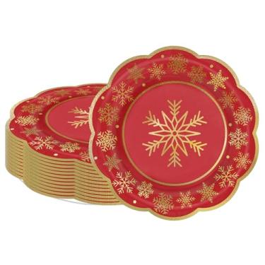 Imagem de LeZakaa 25 peças de pratos de papel de Natal, floco de neve vermelho, folha dourada, acabamento estampado, borda recortada, pratos de festa descartáveis para utensílios de mesa decorativos para