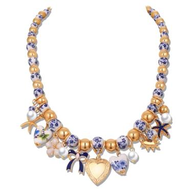 Imagem de HSWE Colar com contas de flores de cerâmica, contas de plantas florais de porcelana azul e branca, contas douradas, laço, coração, estrela-do-mar, vintage, divertido, aniversário, festa, presente