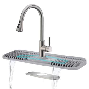 Imagem de Kingmall Tapete de torneira de silicone, tapete de torneira de cozinha, torneira de silicone, coletor de gotejamento com central circular cortável para pia de cozinha, feito sob medida para torneiras