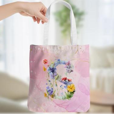 Imagem de Presentes personalizados para mulheres, monograma, presentes de aniversário para o Natal, sacola inicial de lona, sacolas de compras de praia, rosa, Pink florals, Large